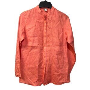 L. L. Bean 100% Linen Button Front Tunic Top Pleated Detail L/S Women's Size XS